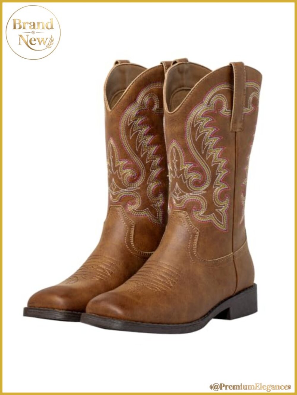 Western Square Toe Cowboy Boots Faux Leather Mid-Calf Pull-On